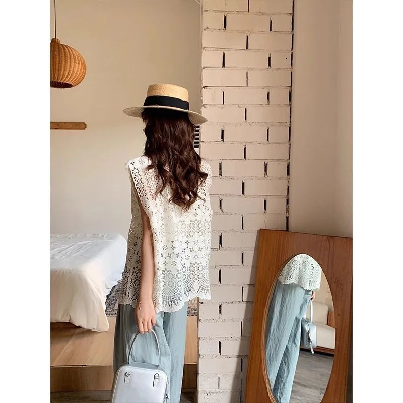 French Elegant Sleeveless Lace Hollow out Top Women's Summer New Design Asymmetrical Outerwear Vest Cover up Polyester Fabric
