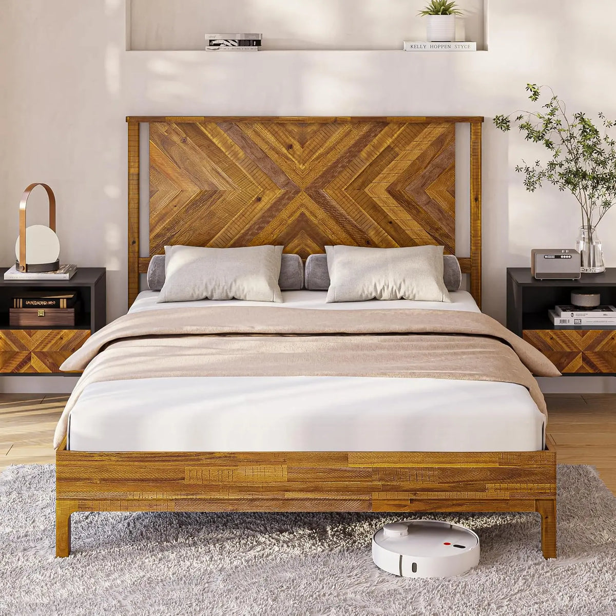 Bme Vivian 14 Inch Deluxe Bed Frame with Headboard, Rustic & Scandinavian Style with Solid Acacia Wood, No Box Spring Needed, 12
