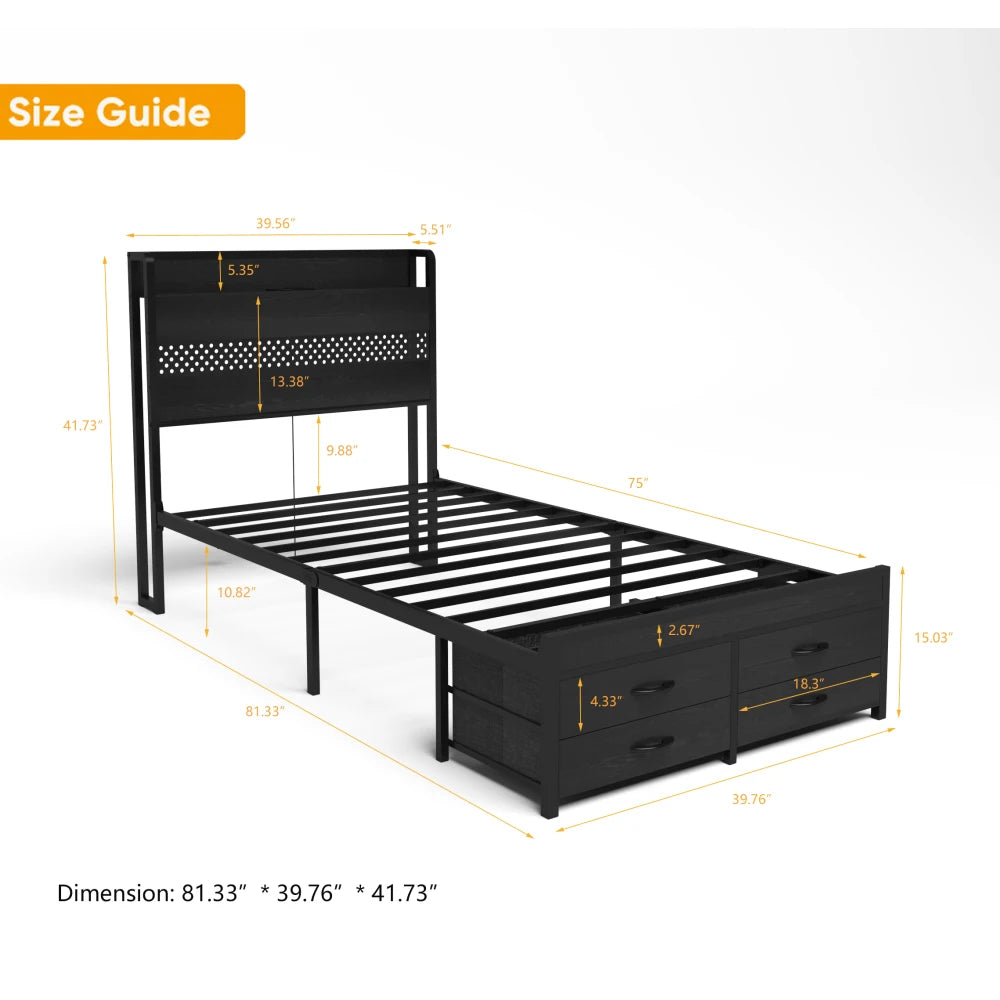 Orraves Twin Bed Frames with Headboard, Twin Size Bed Frames with Storage Drawers, Twin Bed, Black Metal Platform Bed Frame, Single Bed Frame, No Box Spring Needed