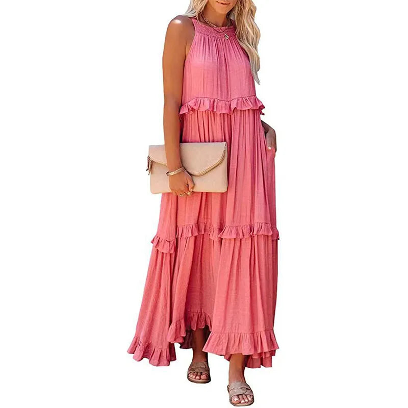 Women Halter Neck Maxi Dress Sleeveless Ruffle Tiered Loose Flowy Bohemian Beach Long Dress