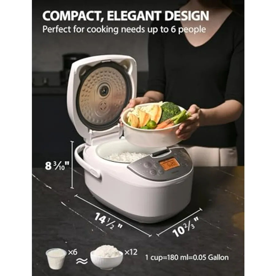 Rice Cooker 6 Cup Uncooked Japanese Rice Cooker with Fuzzy Logic Technology, Non-Stick Inner Pot, White, 7 Cooking Functions