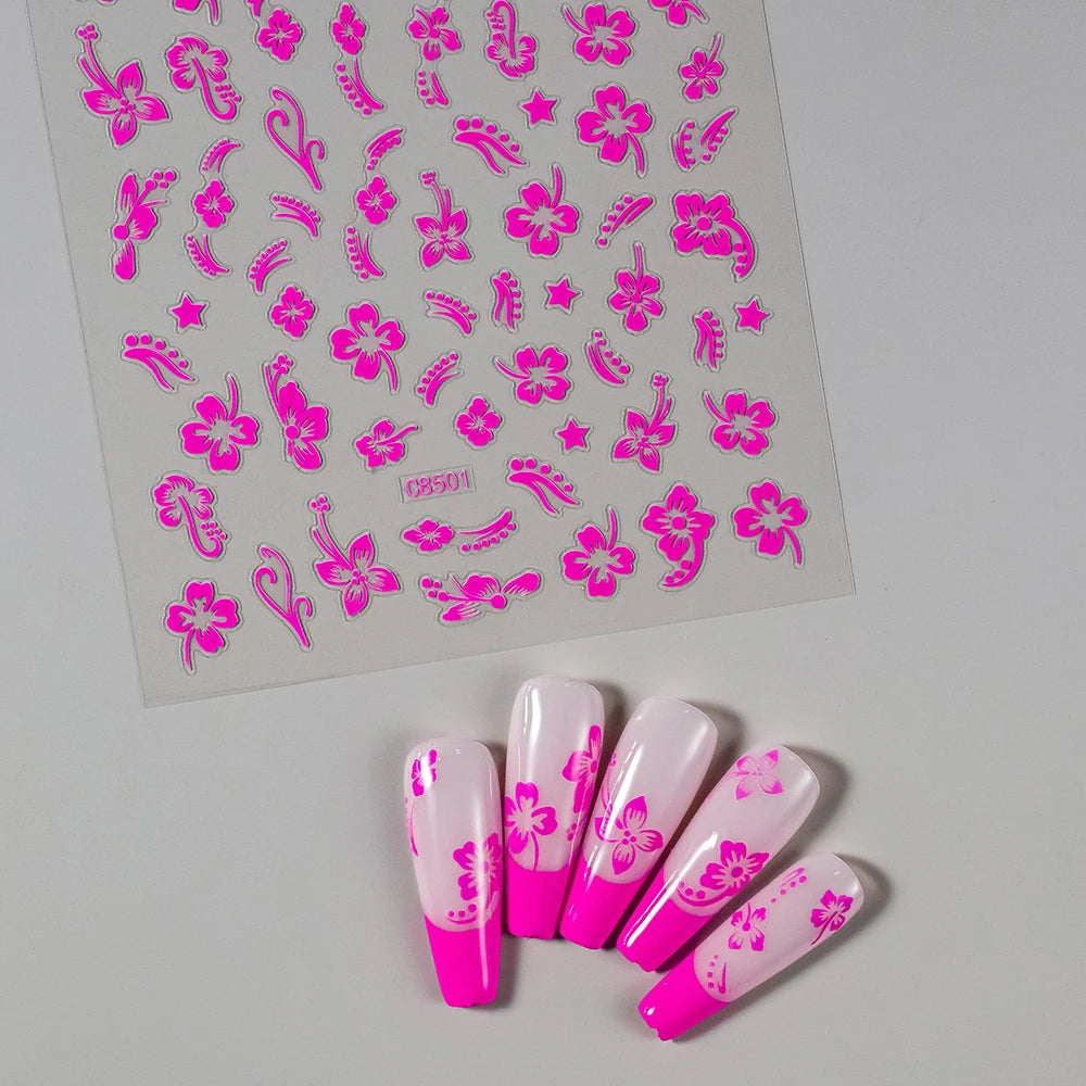 1 pieza 3D pegatinas de hibisco para uñas, flores blancas y negras, pétalos, calcomanías adhesivas, deslizadores florales rosas y dorados para decoración de uñas