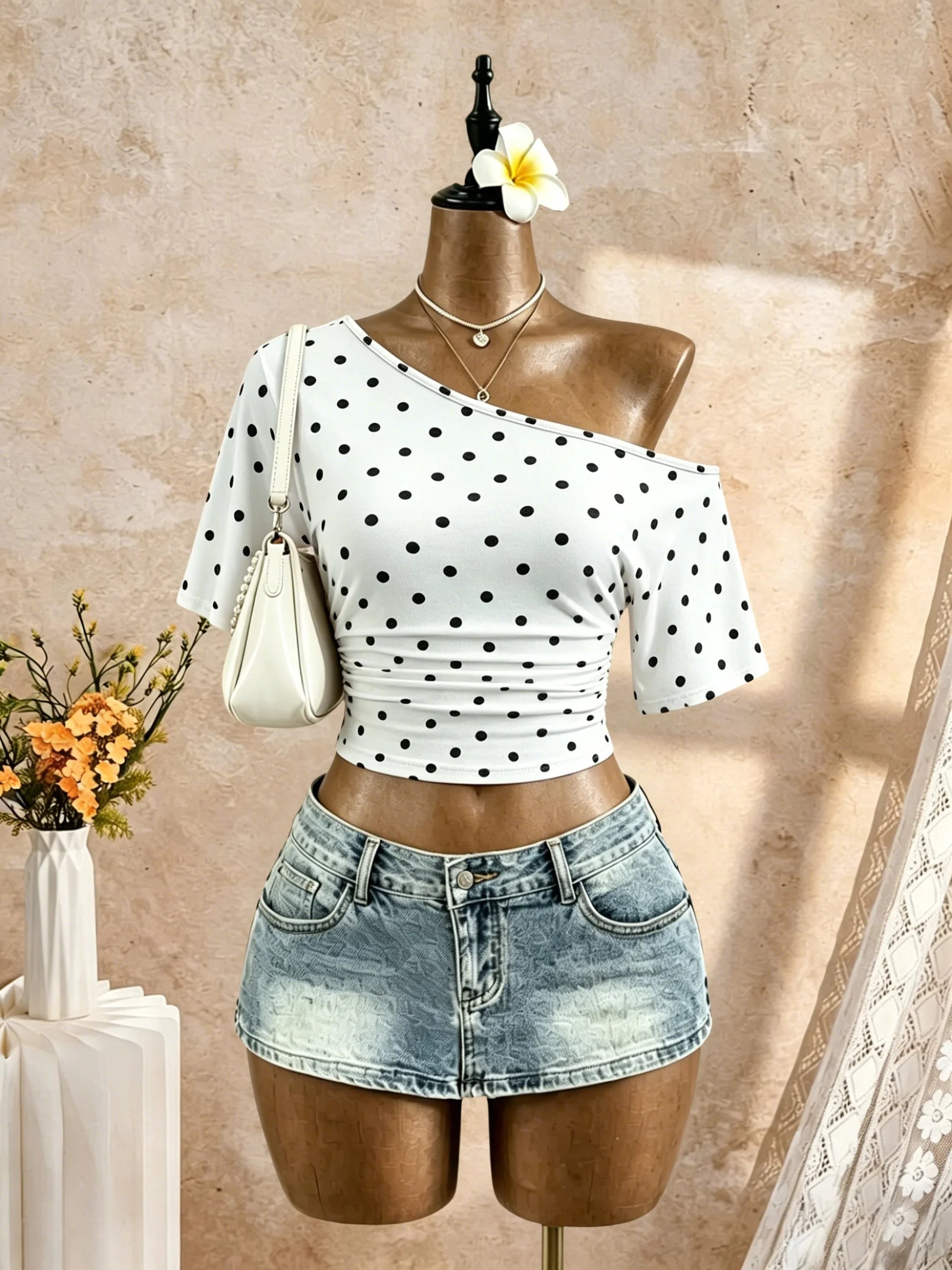 Women One Shoulder Short Sleeve T-shirt Side Ruched Waist Crop Tops Solid White Slant Off Shoulder Slim Fit Casual Streetwear Te