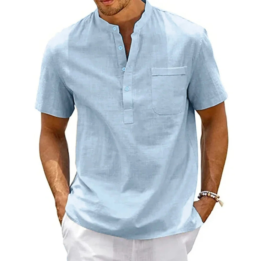 Cotton Linen Shirt For Men Henley With Pocket Breathable Solid Color Short Sleeve Casual Beachwear Vintage Streetwear