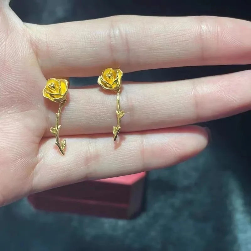 Fashionable Rose Gold Earrings Necklace Set Women's Style Vietnamese Sand Gold Rose Flower Jewelry Copper Plated Geometric Shape
