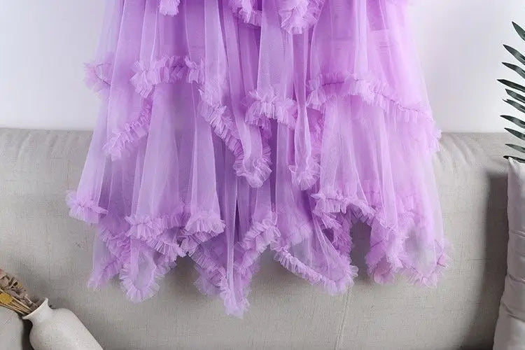 Summer Fashion Irregular Cake Tulle Skirt Women Sweet Midi Long High Waist A-line Skirt Female Mesh Party Evening Skirt