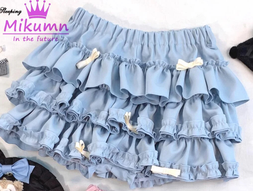 Mikumn Harajuku Sweet Bow Ruffles Mini Skirt Japanese Cute Y2k Elastic Waist Fluffy Pleated Mini Skirts Lolita Kawaii Cake Skirt