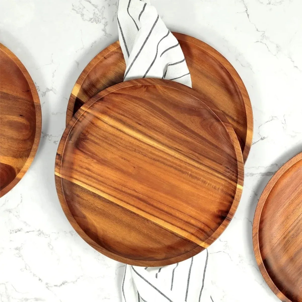 Acacia Wood Round Serving Tray - 20cm/25cm Stackable Dinner Plate