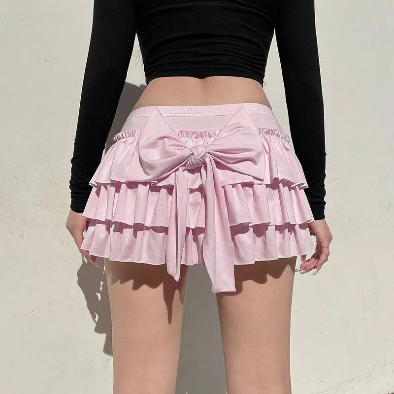 Pink Ruffled Mini Skirt Women Fashion Sexy Bow Pleated Skirt Casual Layered Sweet Preppy Style Summer Hot Skirt.