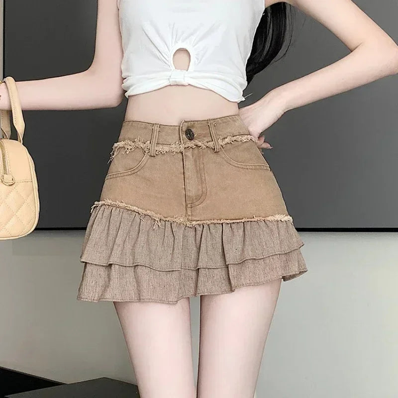 Fashion 2025 New Denim Patchwork Ruffle Denim Skirts Women Summer Retro High Waist Slim Skirts Woman