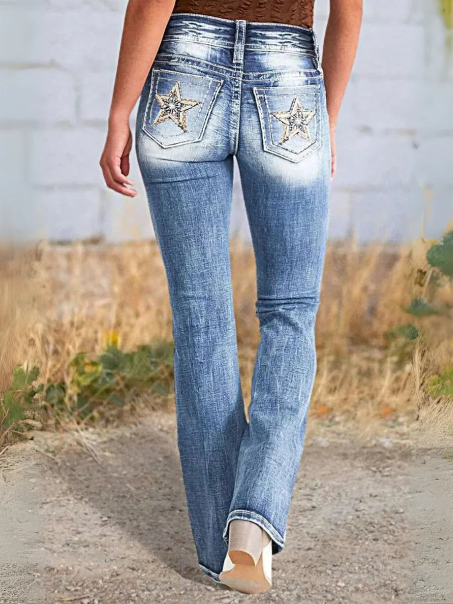 HME Women's Vintage Light-Wash Flare Jeans - Star Pockets Mid-Rise