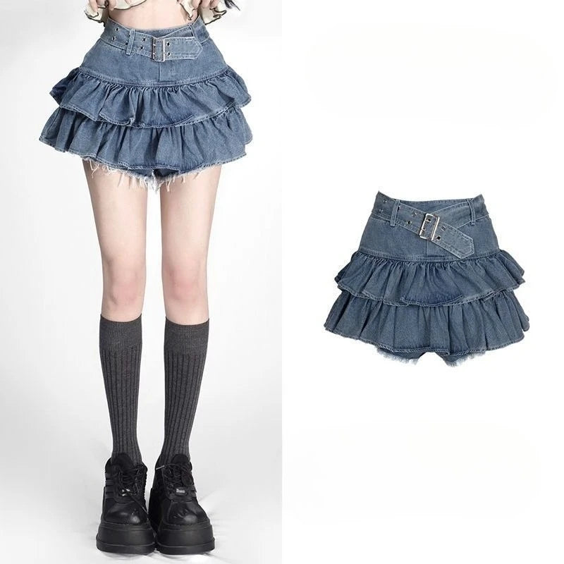 Double Layer Ruffle Two Piece High Waist Mini Tiered Cake Denim Skirt Thin Anti Slip Design