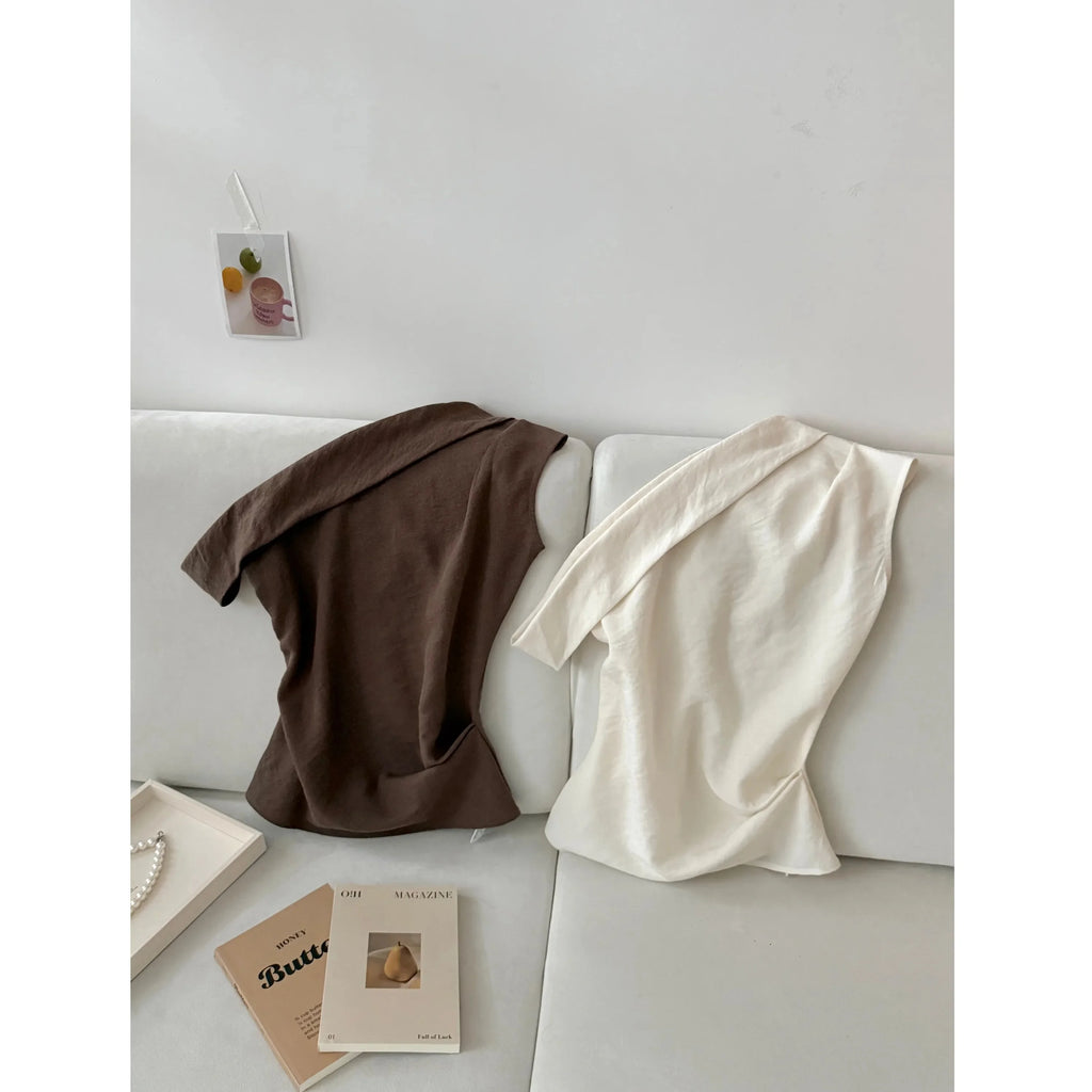 Lin Summer Vintage Oblique Shoulder Vest Cotton Linen Slimming Design Sensation Personality Spring Summer New Style Top T-shirt