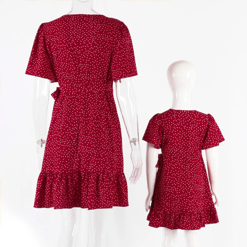 Summer 2026 Polka Dot Print Mom and Daughter Matching Clothes Ruffles Lace-up Dresses Short Sleeve Mini Dress Cute Holiday Look