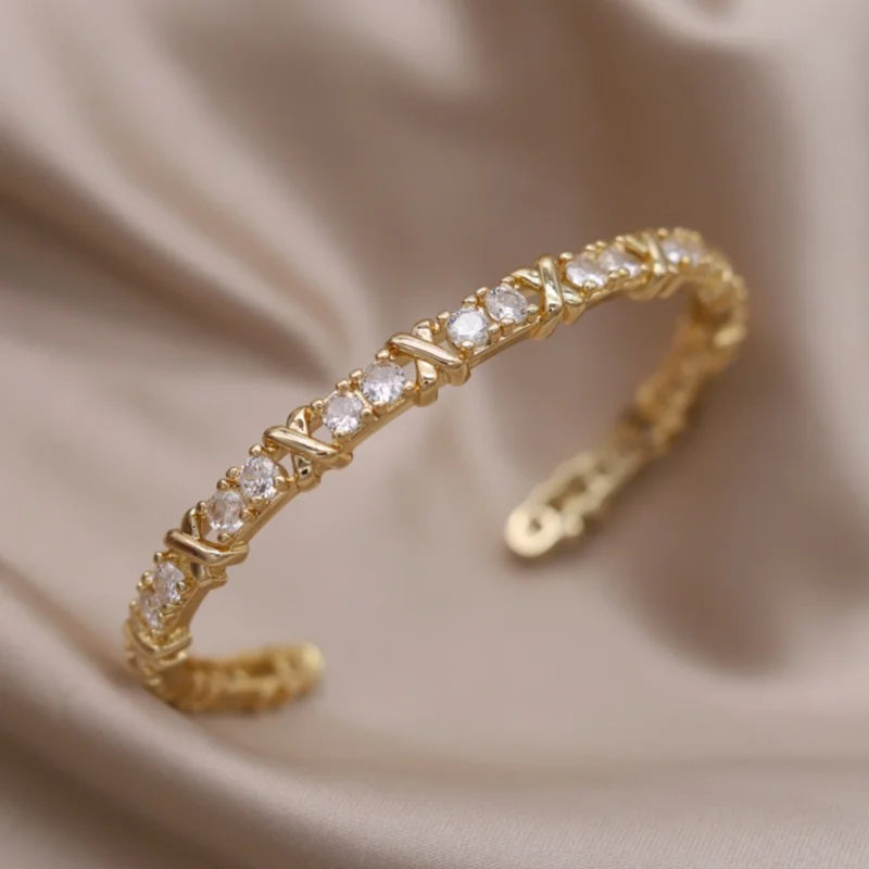 French New Design Zircon Letter X Two Color Plated Opening Bracelet For Elegant Women Daily Wear