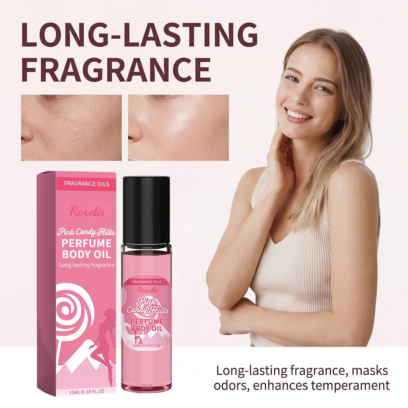 Pink Candy Scented Essential Oil, Pink Sugar Body Moisturizing Cream, Lightly Fragrant, Convenient Daily Essential Oil