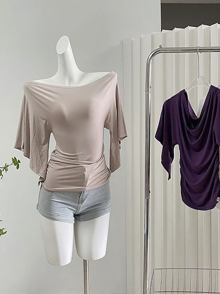 Sexy Summer Off Shoulder T shirt Women Elegant Batwing Short sleeve Cowl Neck Tops Korean Chic Tight Tshirt Lady Tees 2025 New