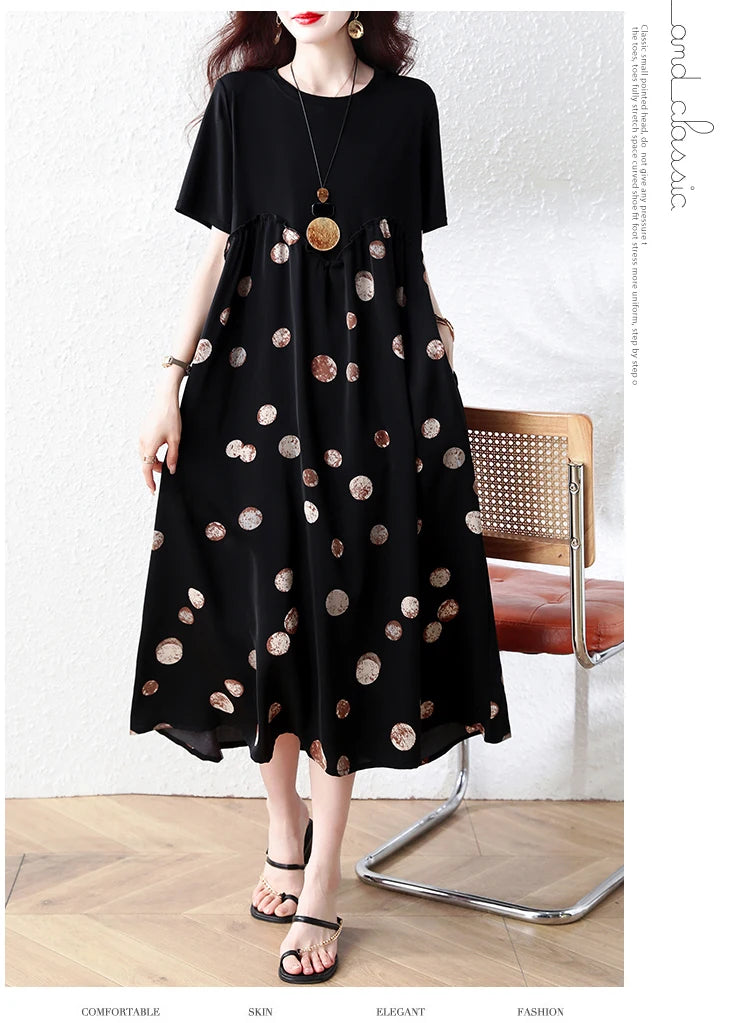 Summer New plus Size Polka Dot Dress Color Block Loose Fitting Slimming Effect Casual Commute Style Women's Dress