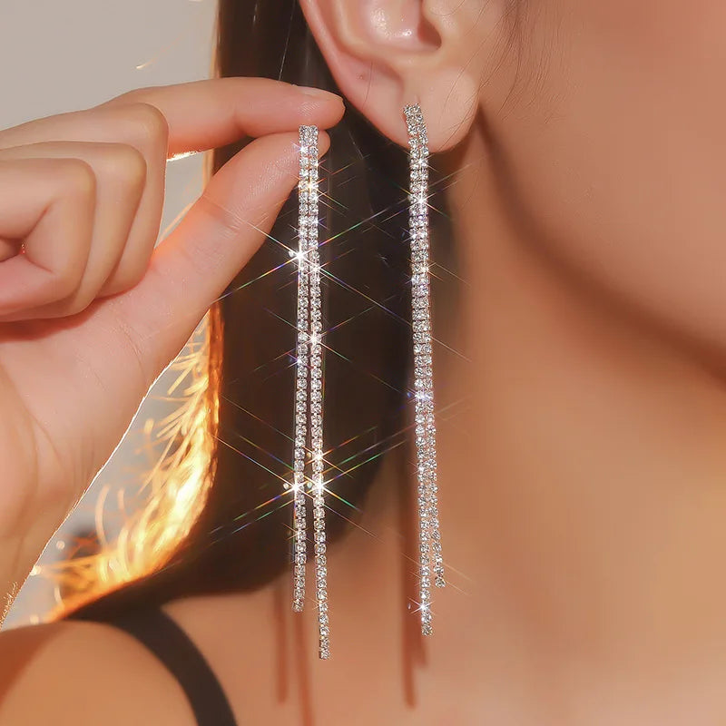 Treazy Shiny 4 Lines Rhinestone Crystal Tassel Long Earrings For Women'S Wedding Hanging Dangle Earrings Bridal Brincos