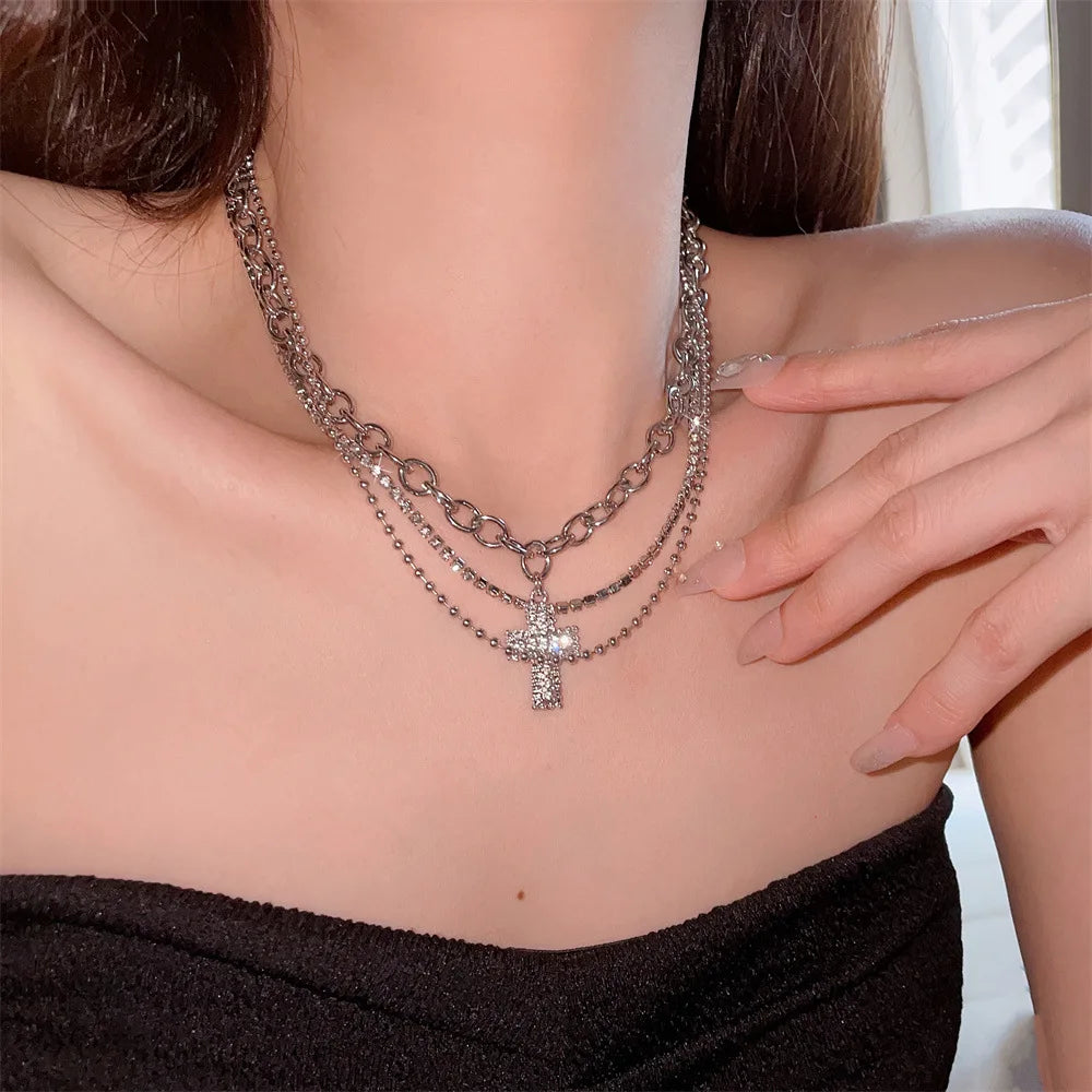 Punk Zircon Cross Pendant Necklace for Men Women Spicy Girl Sweet and Cool Style Multi Layered Necklace Gothic Jewelry Gifts