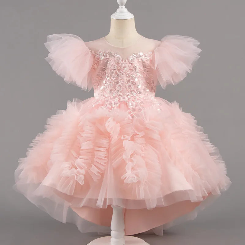 HETISO Girls Elegant Trailing White Dress Flower Appliques Kids Weddings Birthday Party Gown