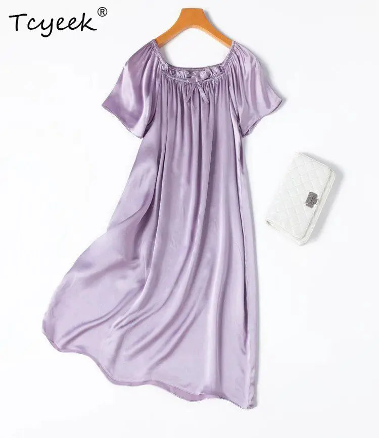Tcyeek 21MM 100% Mulberry Silk Night Dress for Women Comfortable Sleepwear Women's Home Clothes Thin Purple Sommerkleid Damen