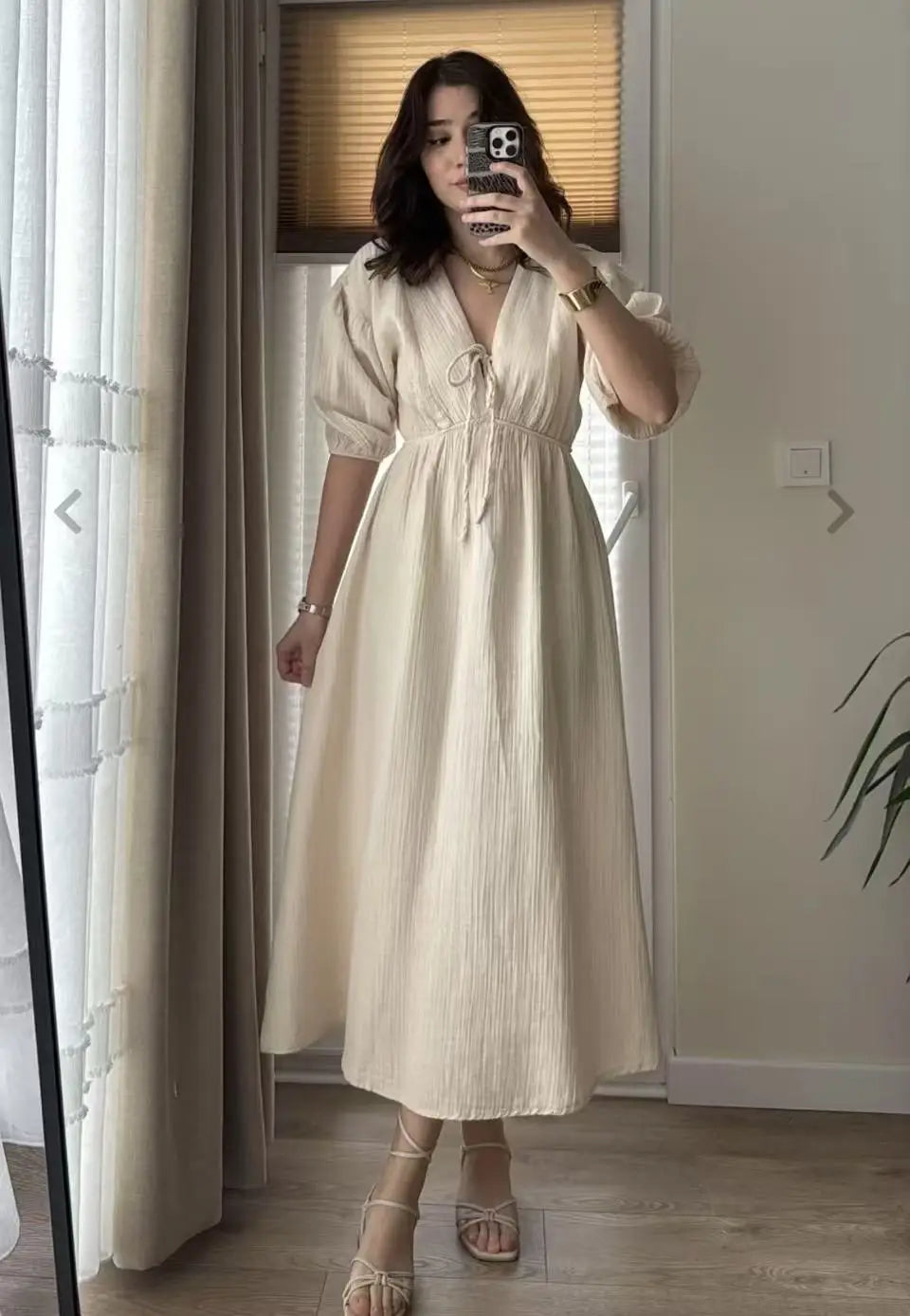 Dress Women Dresses A Line Puff Sleeve Vestidos V Neck Elastic Waist Elegant Mid Length Solid Y2k Streetwear Work Lace Up Summer