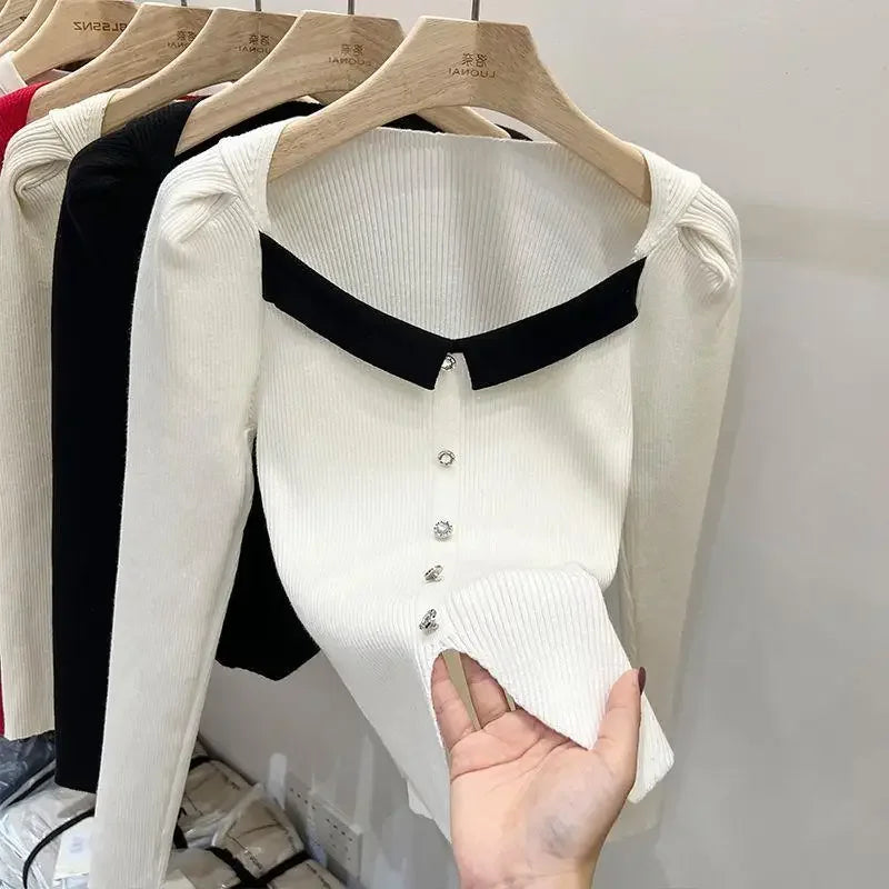 Women's Knitted Short Sweater Square Collar Base Shirt Color Collision Design Sensation Autumn Winter Special Edition Top