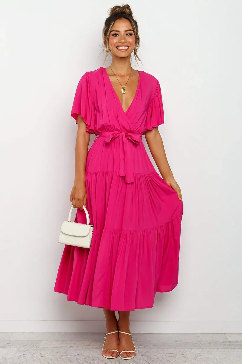 Summer Bohemian Long Dress Pure Color V-Neck Short Sleeve Empire Waist Design Floor Length with Belt Loose Fit Women's Dress