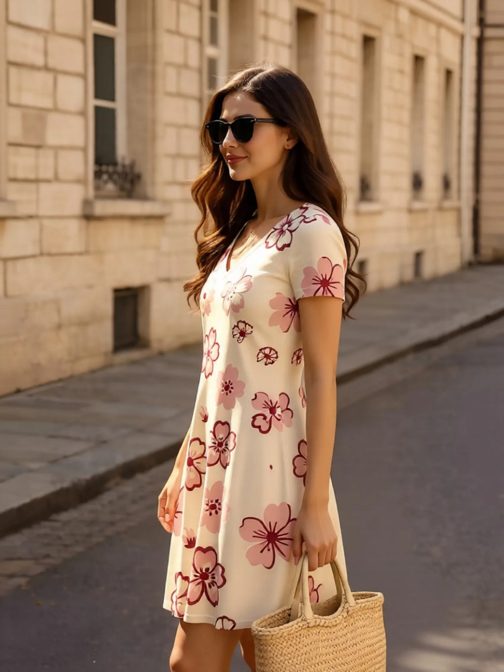 Womens V Neck Floral Print Short Sleeve Swing Dress Casual Flowy Summer Mini Dress for Everyday Style Travel Holidays and Events