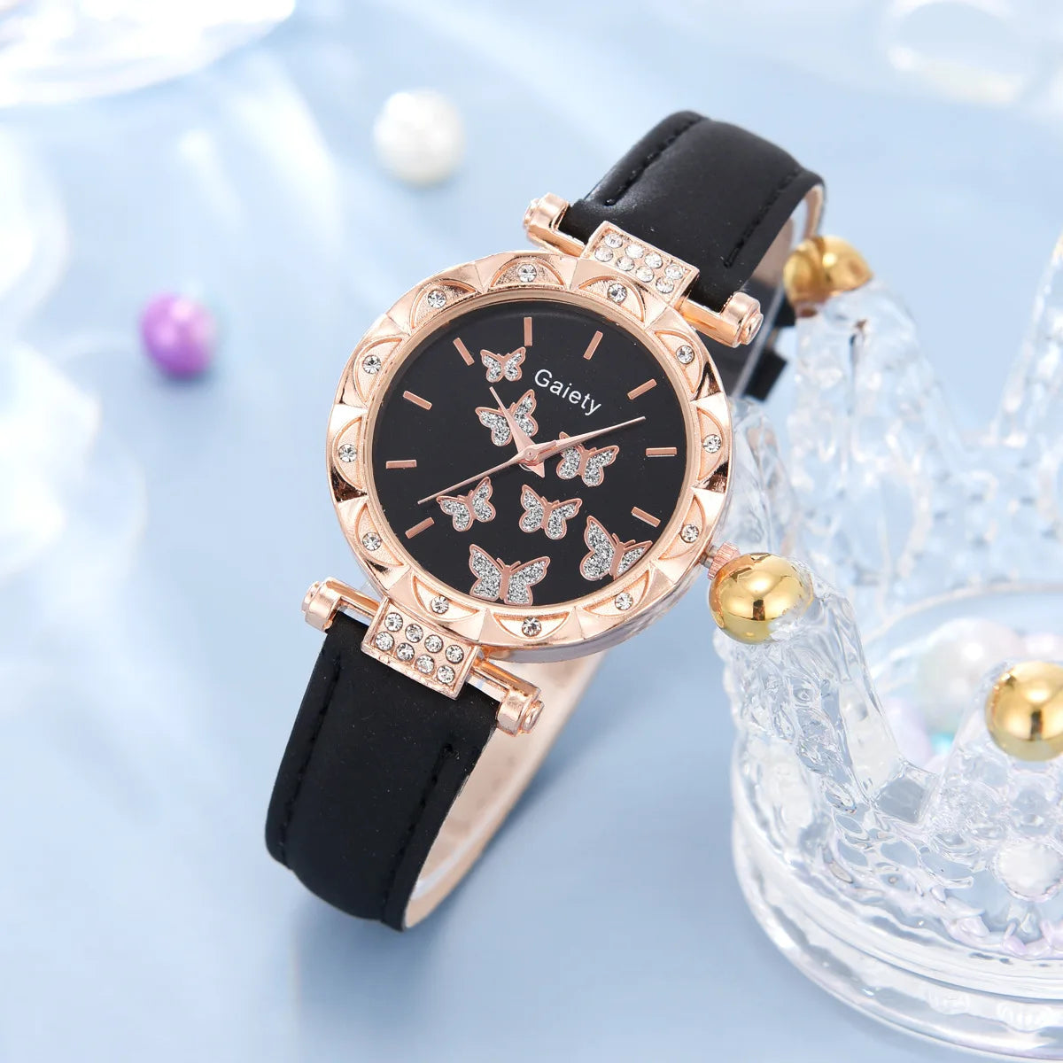 Butterfly Jewelry Set For Women Elegant Leather Watch Ring Necklace Earrings Bracelet Wedding Gift