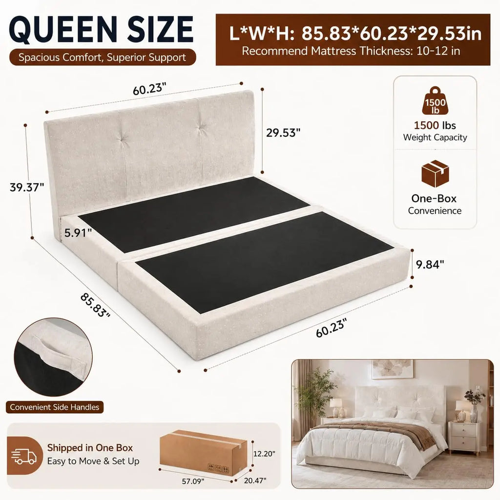 Queen Boneless Bed Frame and Headboard, Cloud Platform Bed, Assembly-Free | Upholstered Bed Frame with Headboard,, Customized