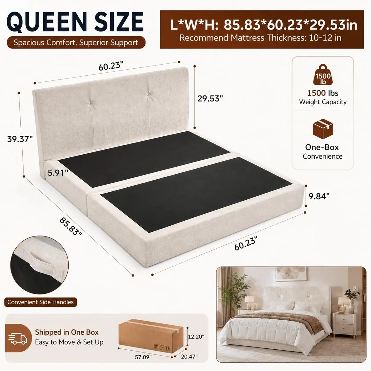 Queen Boneless Bed Frame and Headboard, Cloud Platform Bed, Assembly-Free | Upholstered Bed Frame with Headboard,, Customized