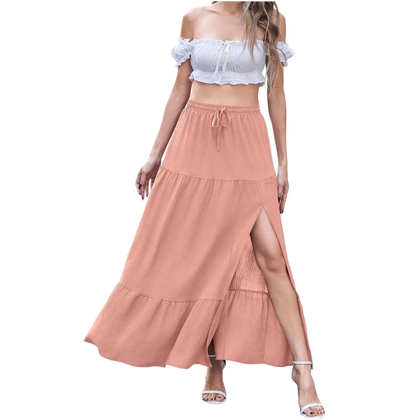 Bohemian Pure Color Side Slit  Skirt Women's Fashion Summer New Arrival Cross-Border mid Waist H-Shape PVC Fabric Skirt