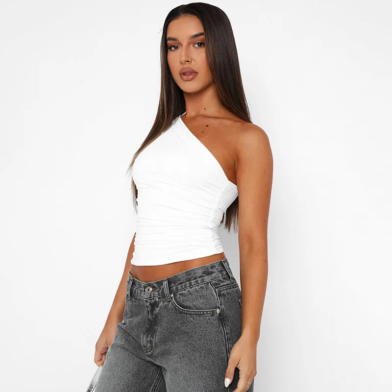 Solid Color One Shoulder Backless Shrink Tank Top T-Shirt Candy Color Tight Sexy Sleeveless Neckless Slim Casaul Top