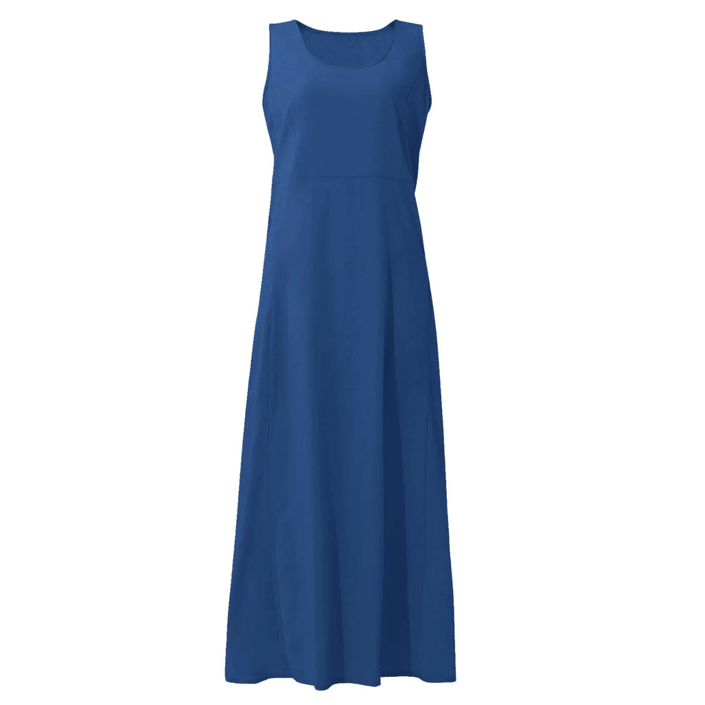 Women Cotton linen dress Fashion Simple beach dresses Solid Color Sleeveless Long skirt With pocket vestidos veranos moda 2024