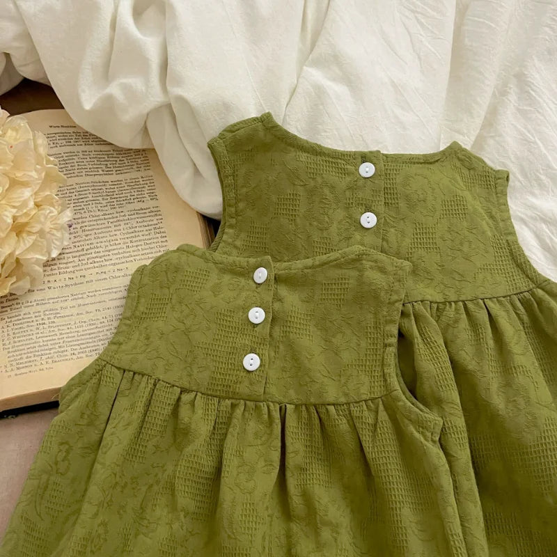 Girls Birthday Party Sisters Outfits Summer Green Apricot Floral Embroidery Sleeveless Bodysuit Vest Dress Baby Clothes H037