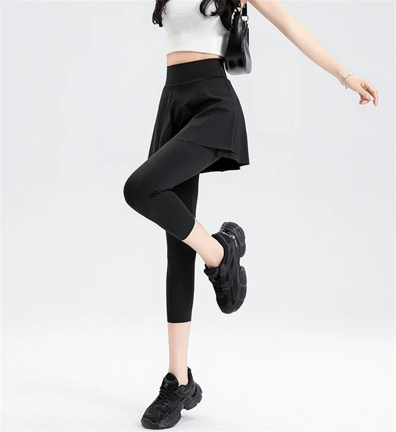 Aiithuug with Pocket Women Tennis Skirted Leggings Capris Yoga Leggings with Skirts Tennis Pickleball Clothing Cropped Leggings