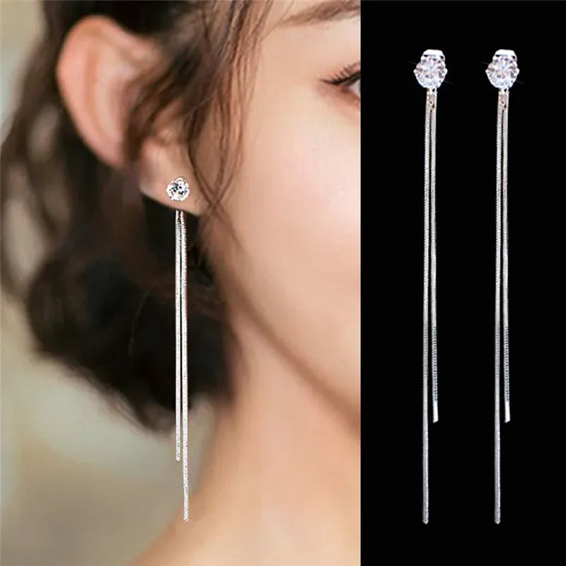 Rose Gold Threader Drop Earrings for Women Long Hanging Zircon Crystal Piercing Jewelry