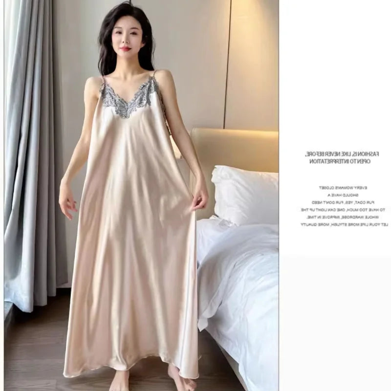 Extra Large Size Long Loungewear 150kg Plus Size Ins Trend Maxi Nightdress Sexy Loose Ice Silk Suspender Nightgown Summer Pajama