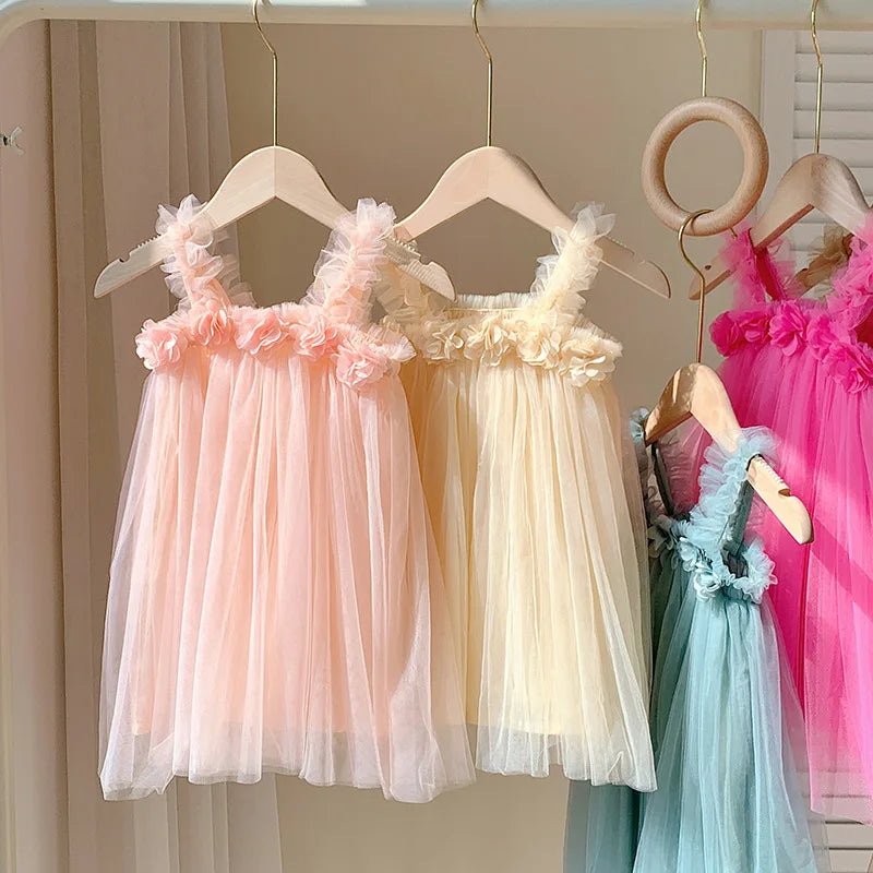 Kids Sweet Mesh Dress 1-6T Summer Children Mesh Tulle Princess Slip Tutu Dresses Girls 6 Colors 3D Flower Mermaid Birthday Dress