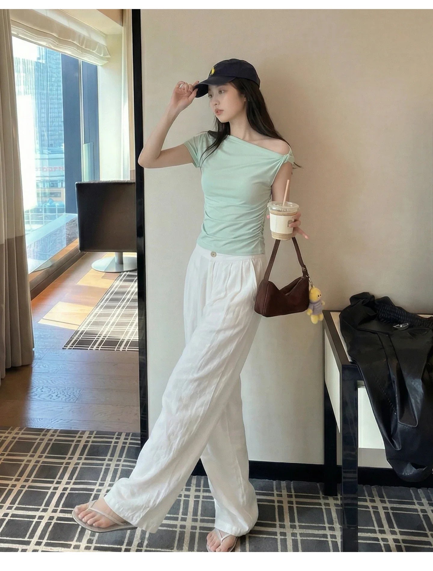 White Diagonal Shoulder Short Sleeve Crop Top 2026 Summer Solid Waist Pleated Women T-shirt Korean Style Minimalist Slim Tee