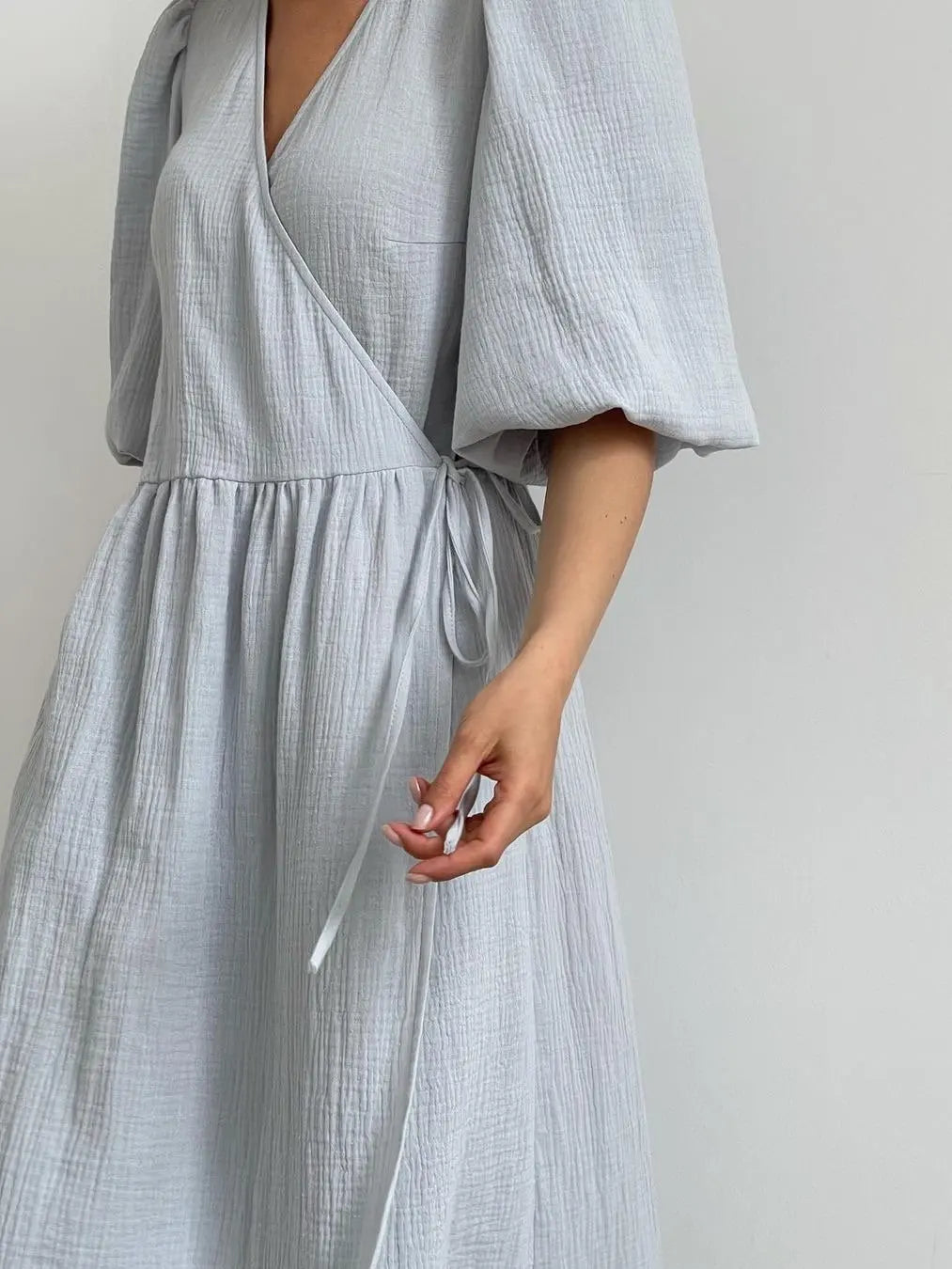 Long Dress Women Dresses Vestidos Lace Up V Neck Puff Sleeve Solid High Waist Female A Line Office Lady Summer 2025 Maxi Gown