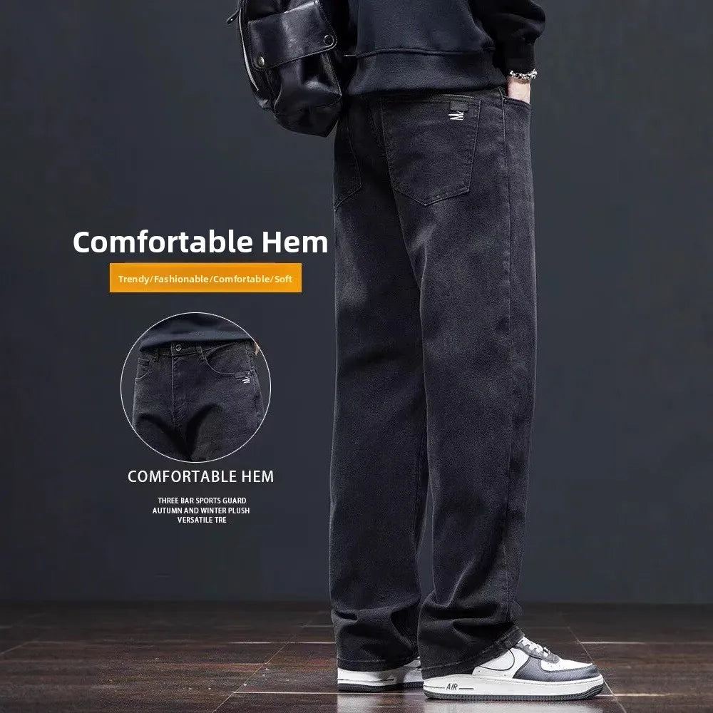 Black Casual Elastic Wide Leg Jeans Men's Loose Straight Fit Jeans Trendy Autumn Winter Long Pants Korean Style Basic Model