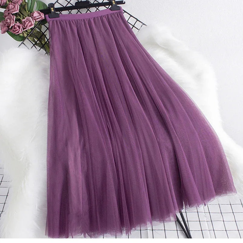 New large hem chiffon long skirt for women's Korean casual simple solid color three-layer A-line high waisted long skirt