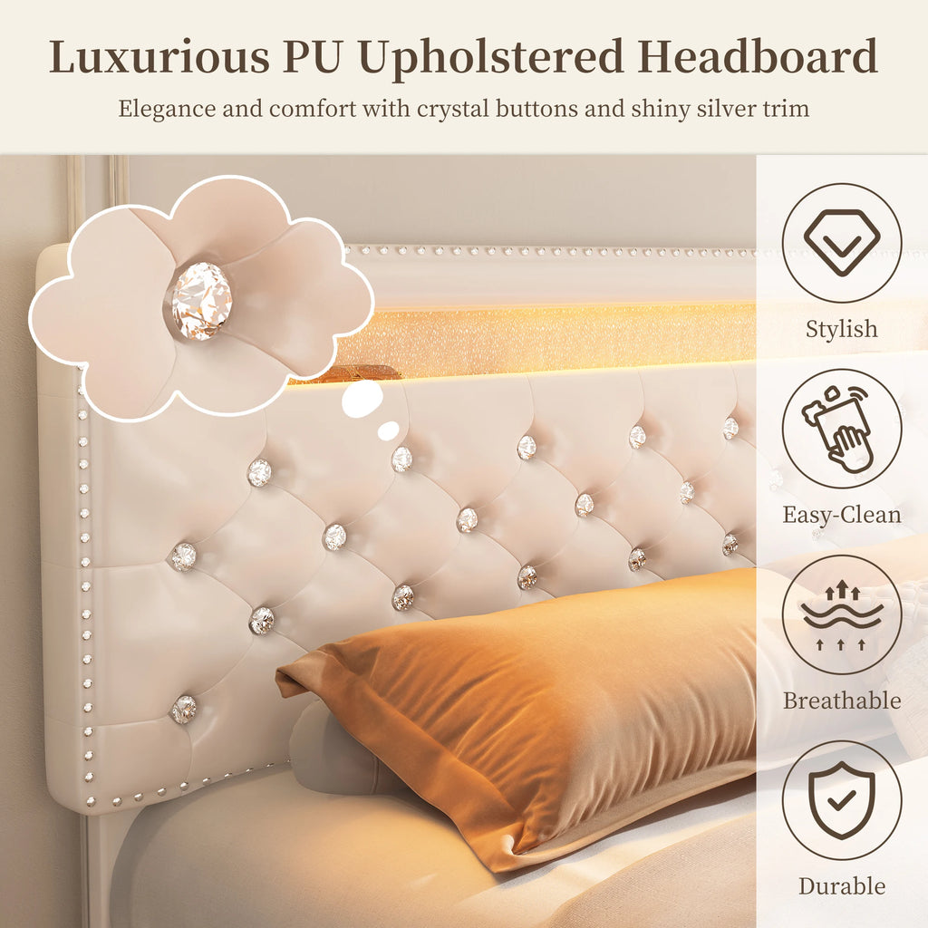 SIBEDS Queen Upholstered Platform Bed Frame with LED Lights and 2 Storage Drawers, Crystal Button Tufted Headboard, Height Adjustable Design, Side Pockets, Solid Slats Support, No Box Spring Needed