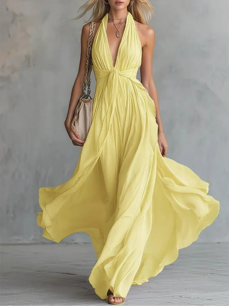 Solid Color V-neck Sleeveless Waist Cinching and Neck Hanging Dress for Slimming and Elegant Temperament Evening Gown