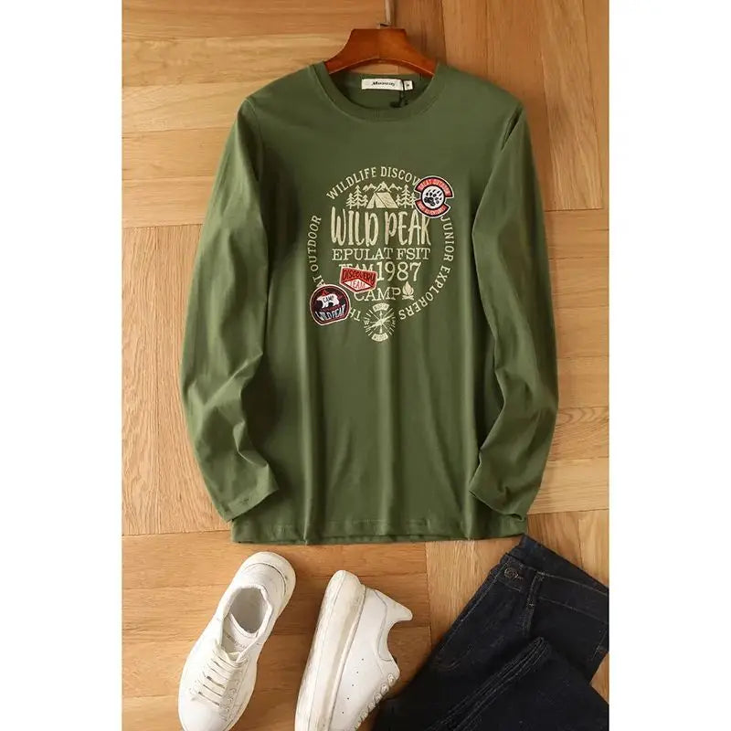 Men's Premium Pure Cotton Long Sleeve T Shirt With Washed Brushed Finish Retro American Print For Men