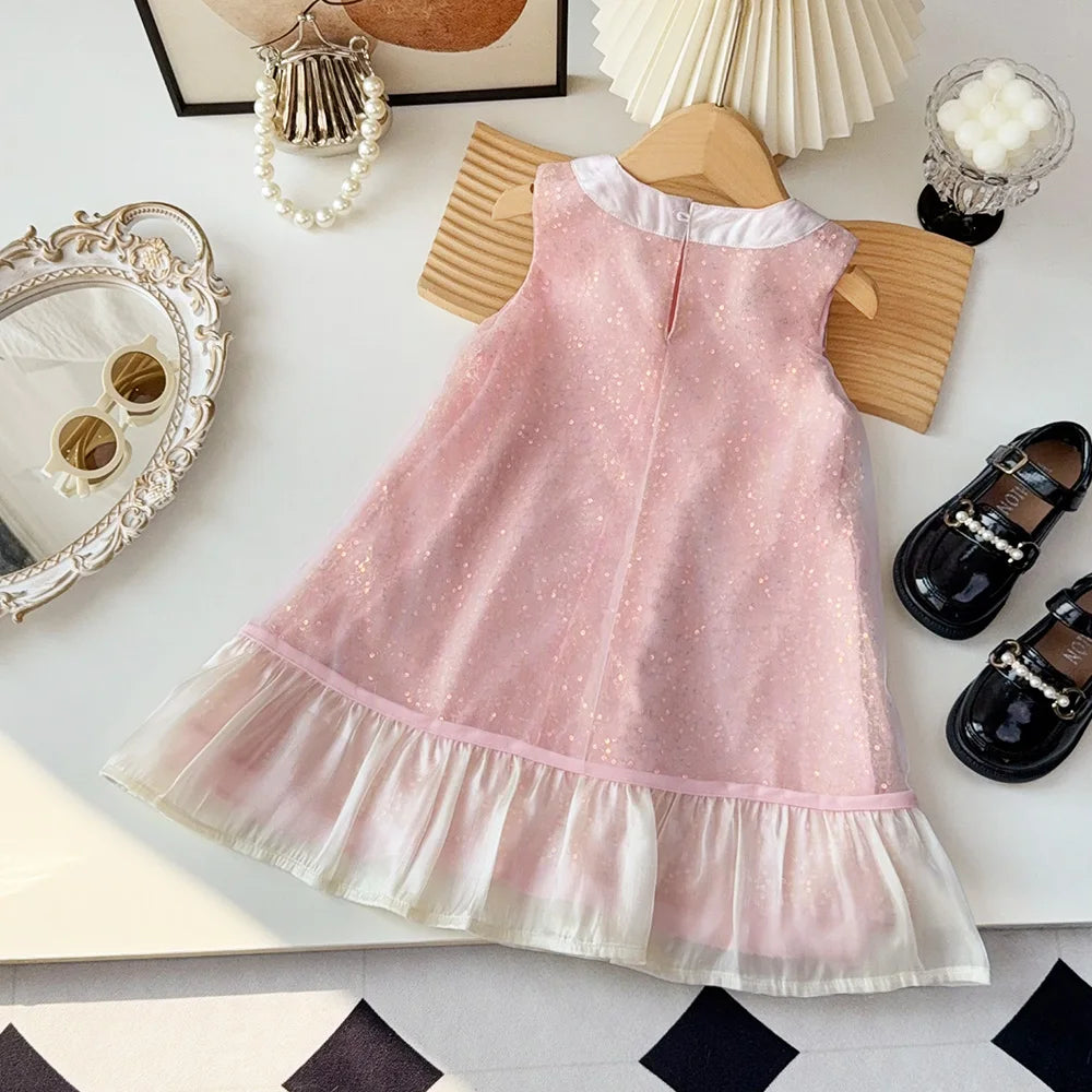 Bear Leader Bow Decoration Pink Girls Dress Summer New Sleeveless Mesh Sequin Princess Dresses Birthday Party Kids Clothes