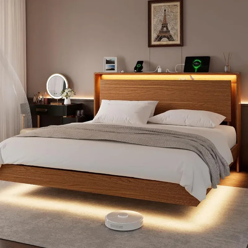 Einhomn King Size Bed Frame with LED Lights & Charging Station – Wood Floating Bed Frame with Storage Headboard, Adhesive Slats